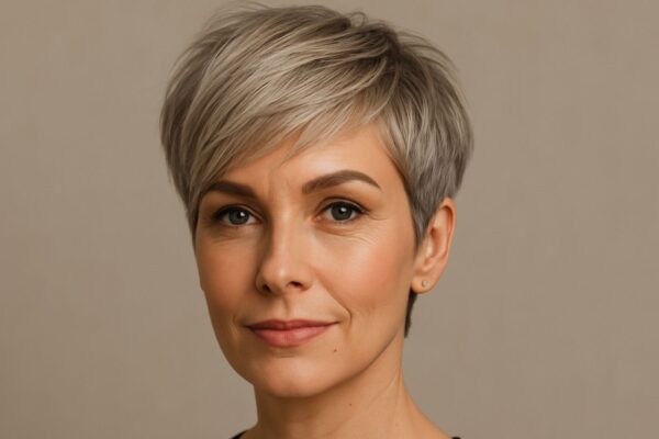 Donna over 40 con taglio pixie silver-blonde e frangia morbida laterale, sguardo sicuro, sfondo beige neutro.