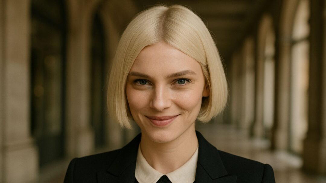 Modella bionda con bob scandinavo, in posa tre quarti in una location elegante con colonnato.