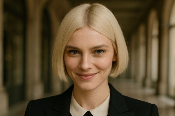 Modella bionda con bob scandinavo, in posa tre quarti in una location elegante con colonnato.
