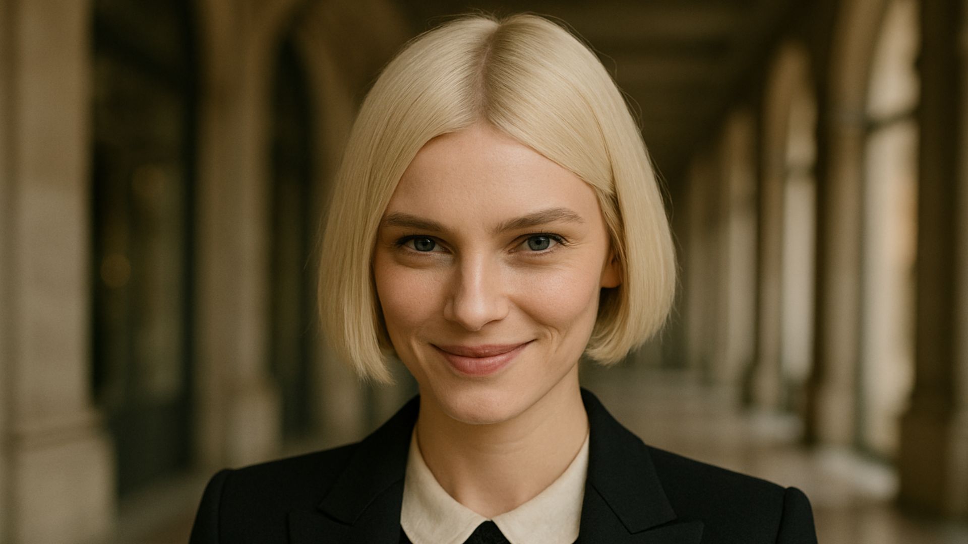 Modella bionda con bob scandinavo, in posa tre quarti in una location elegante con colonnato.