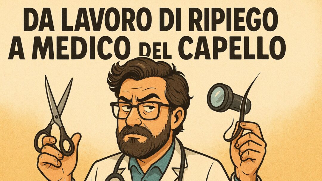 Illustrazione ironica di un parrucchiere in stile medico, con camice, forbici e dermatoscopio, accompagnata dalla scritta “Da lavoro di ripiego a medico del capello”.