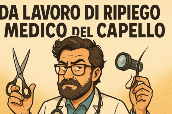 Illustrazione ironica di un parrucchiere in stile medico, con camice, forbici e dermatoscopio, accompagnata dalla scritta “Da lavoro di ripiego a medico del capello”.