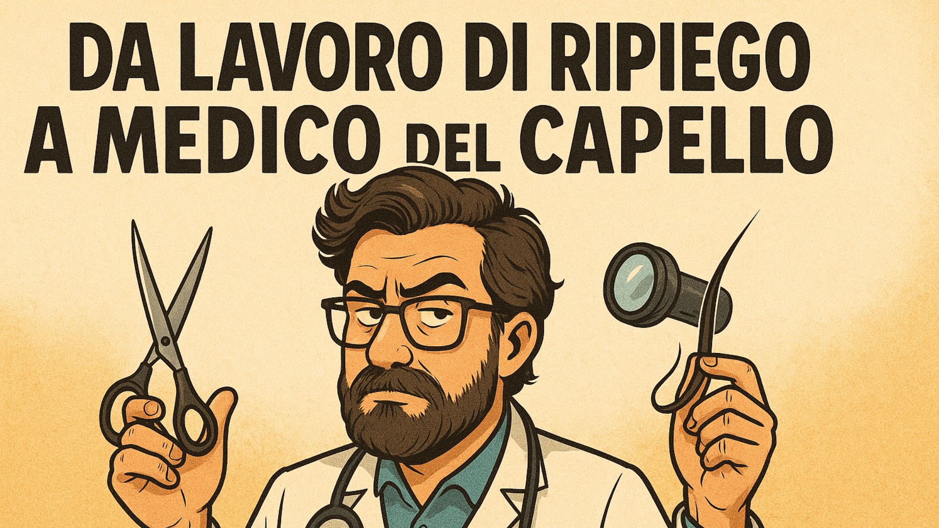 Illustrazione ironica di un parrucchiere in stile medico, con camice, forbici e dermatoscopio, accompagnata dalla scritta “Da lavoro di ripiego a medico del capello”.