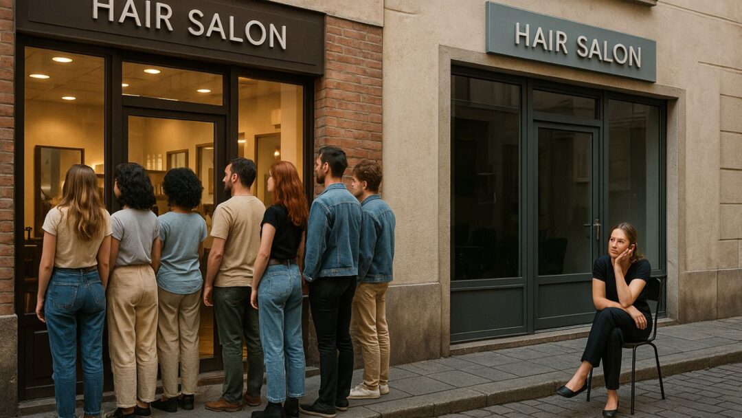 Due saloni affiancati: uno con fila di clienti fuori, l’altro vuoto con una parrucchiera seduta da sola.