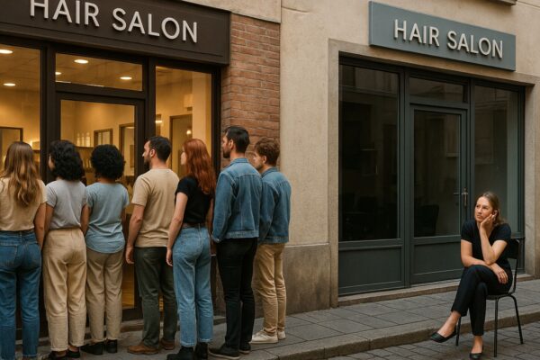 Due saloni affiancati: uno con fila di clienti fuori, l’altro vuoto con una parrucchiera seduta da sola.