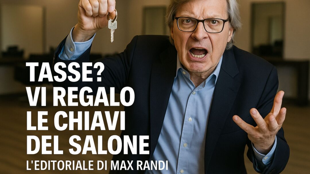 Uomo anziano infuriato con occhiali e capelli grigi tiene in mano le chiavi del salone, in un ambiente da parrucchiere moderno.