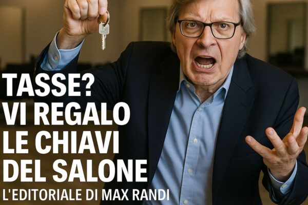 Uomo anziano infuriato con occhiali e capelli grigi tiene in mano le chiavi del salone, in un ambiente da parrucchiere moderno.