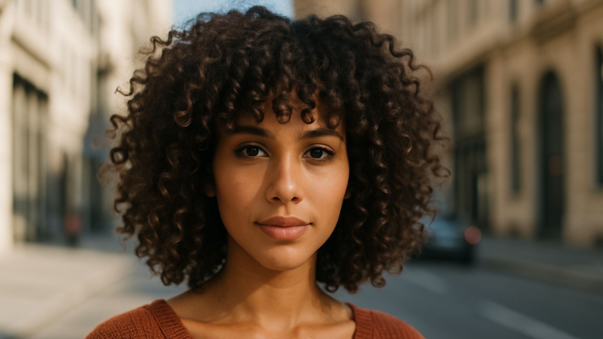 Donna con capelli ricci e frangia ben definiti, ripresa in primo piano su sfondo urbano sfocato