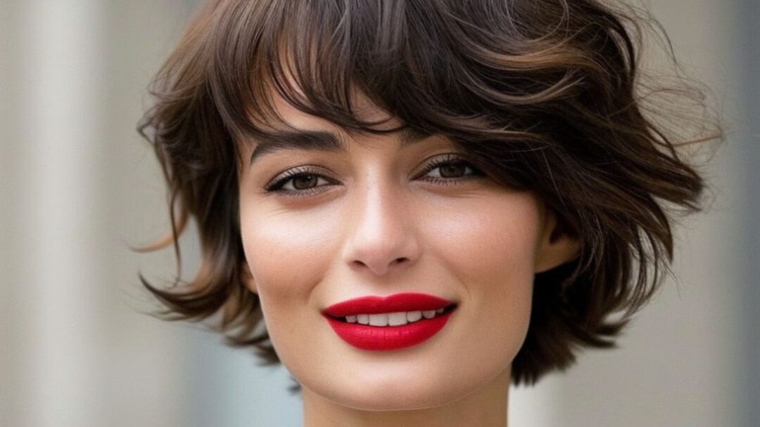 Primo piano di una donna con taglio crop mosso e ciuffo a tendina, capelli castano scuro e trucco elegante