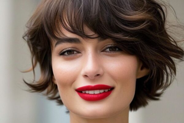 Primo piano di una donna con taglio crop mosso e ciuffo a tendina, capelli castano scuro e trucco elegante