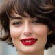Primo piano di una donna con taglio crop mosso e ciuffo a tendina, capelli castano scuro e trucco elegante