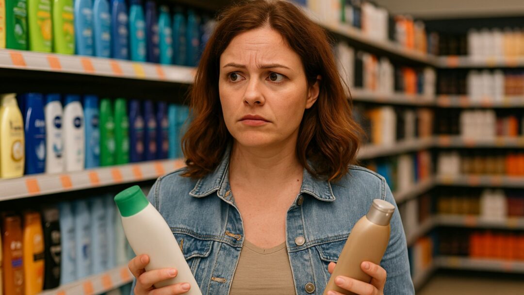Donna confusa davanti agli scaffali del supermercato mentre confronta due shampoo