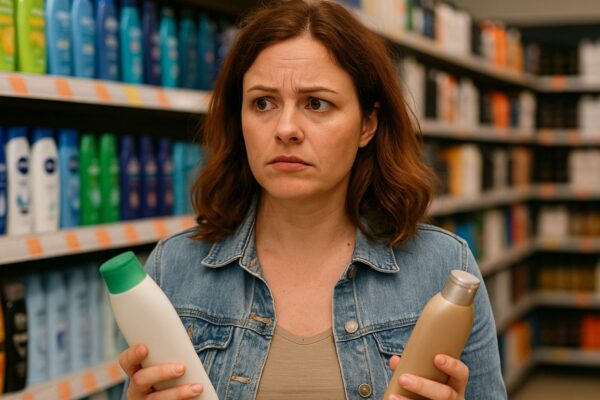 Donna confusa davanti agli scaffali del supermercato mentre confronta due shampoo