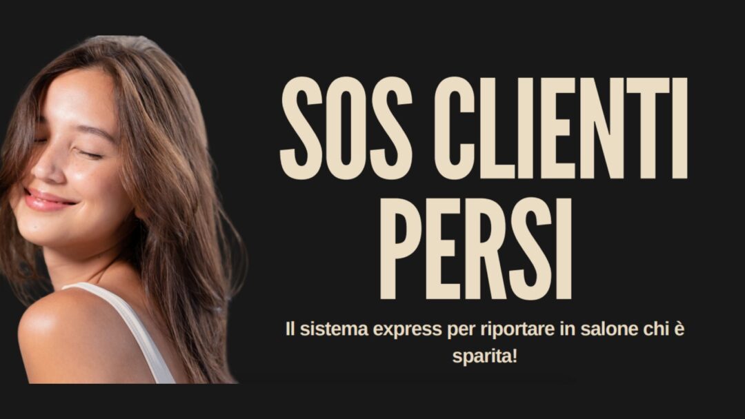Parrucchiera sorridente accanto al titolo della guida SOS Clienti Persi per saloni di bellezza