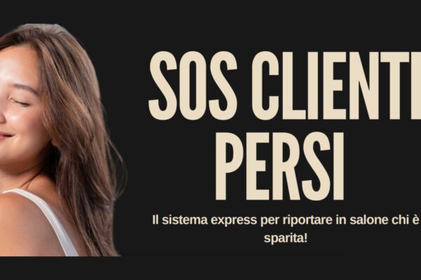 Parrucchiera sorridente accanto al titolo della guida SOS Clienti Persi per saloni di bellezza