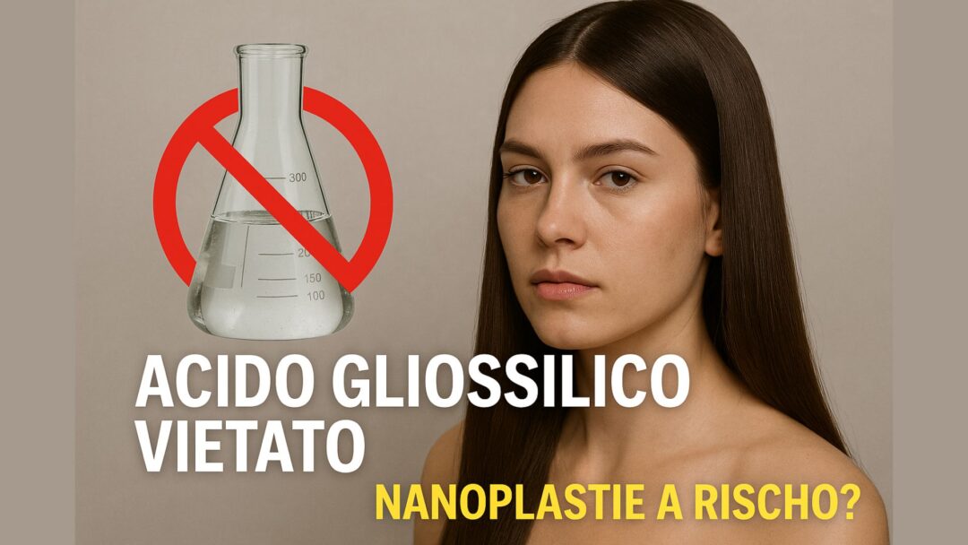 Modella con capelli ultra lisci, grafica d’impatto con simbolo di divieto e scritta "Acido Gliossilico Vietato. Nanoplastie a rischio?"