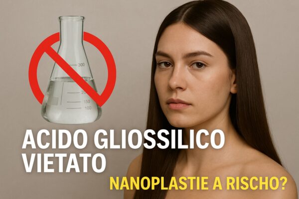 Modella con capelli ultra lisci, grafica d’impatto con simbolo di divieto e scritta "Acido Gliossilico Vietato. Nanoplastie a rischio?"