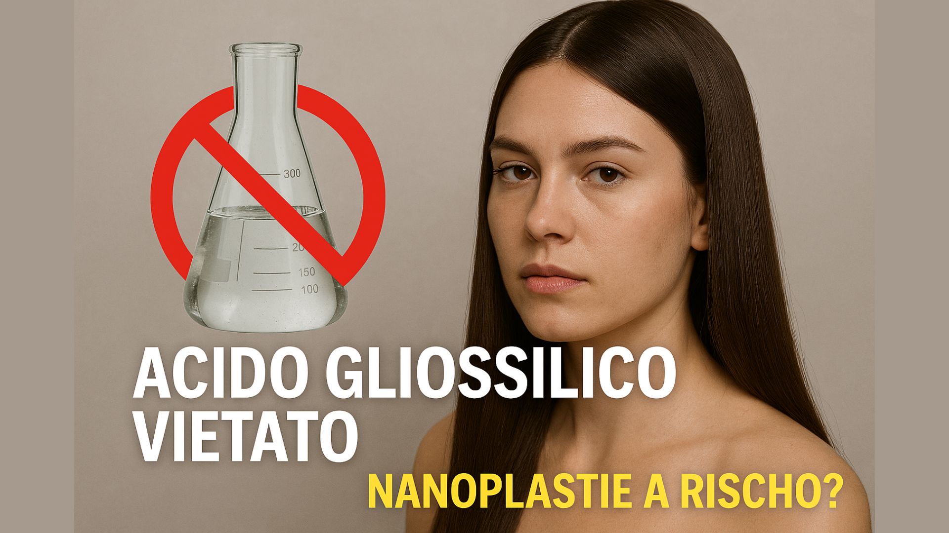 Modella con capelli ultra lisci, grafica d’impatto con simbolo di divieto e scritta "Acido Gliossilico Vietato. Nanoplastie a rischio?"