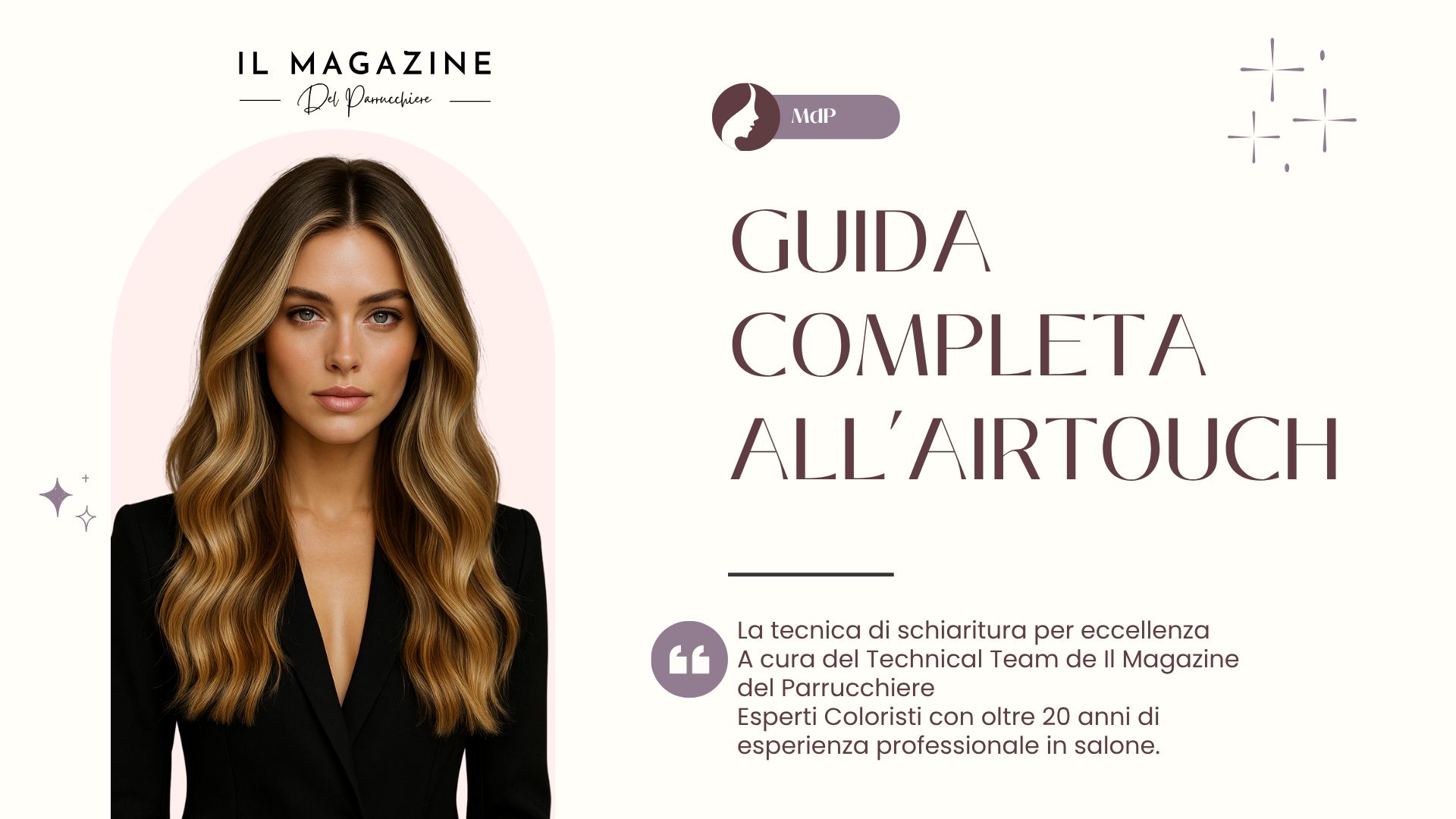 Modella con capelli schiariti con tecnica Airtouch in primo piano, su sfondo grafico chiaro, per promuovere la guida professionale di Il Magazine del Parrucchiere.