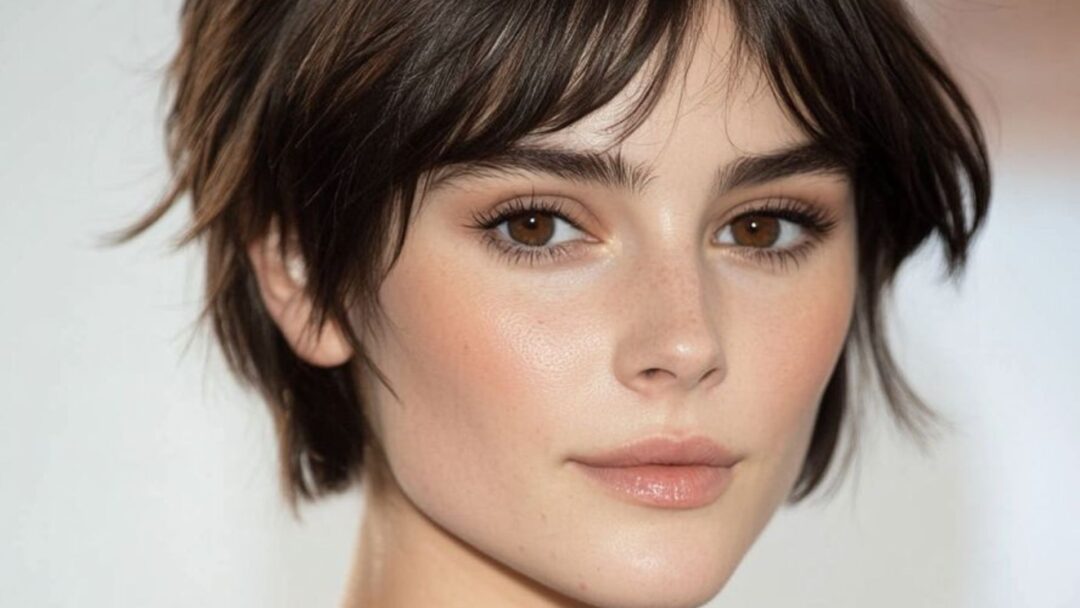 Taglio corto a scodella con frangia sfilata su capelli castani, look naturale e minimal, trend estate 2025.