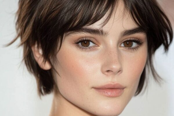 Taglio corto a scodella con frangia sfilata su capelli castani, look naturale e minimal, trend estate 2025.