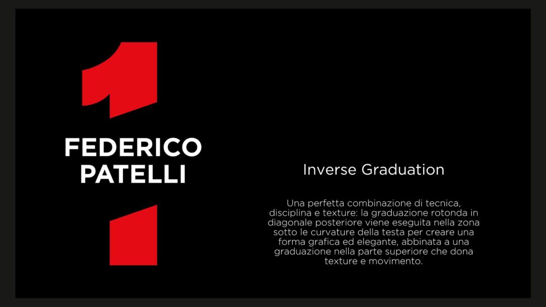 Immagine promozionale del corso Inverse Graduation di Federico Patelli con logo rosso, sfondo nero e descrizione tecnica della metodologia di taglio.
