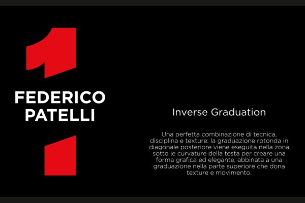 Immagine promozionale del corso Inverse Graduation di Federico Patelli con logo rosso, sfondo nero e descrizione tecnica della metodologia di taglio.