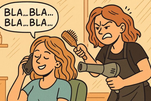 Cliente al telefono dice “bla… bla… bla…” mentre la parrucchiera, infastidita, cerca di fare la piega con phon e spazzola.
