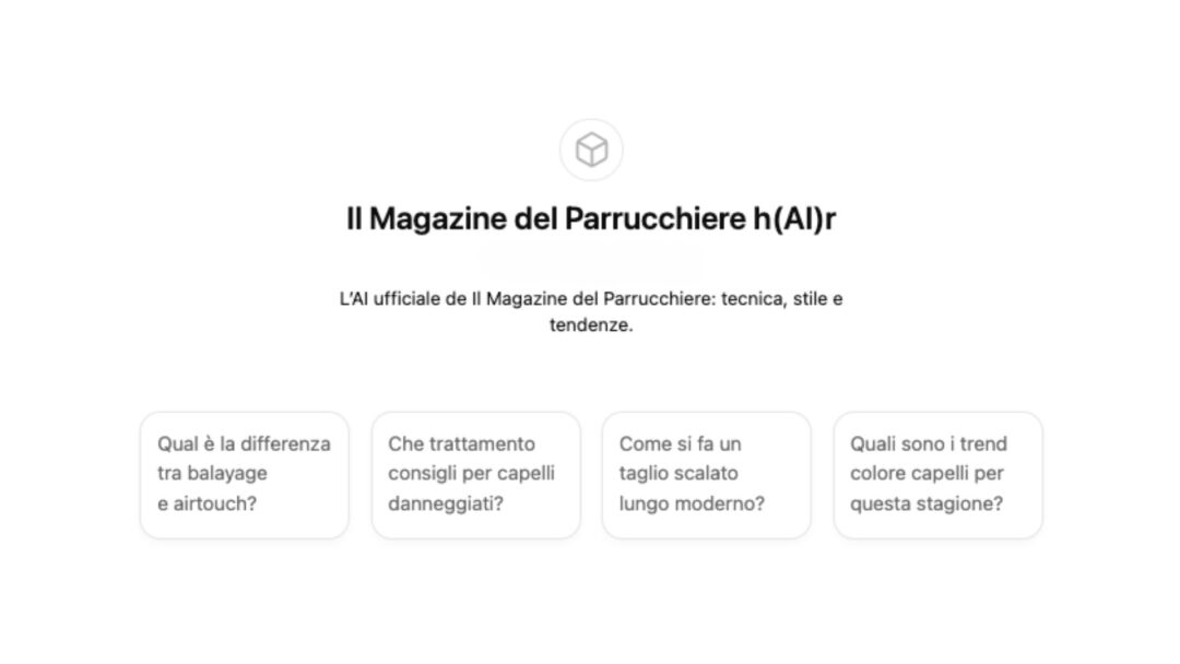 Schermata iniziale del chatbot MdP h(AI)r con esempi di domande utili per parrucchieri.