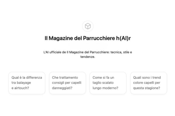 Schermata iniziale del chatbot MdP h(AI)r con esempi di domande utili per parrucchieri.