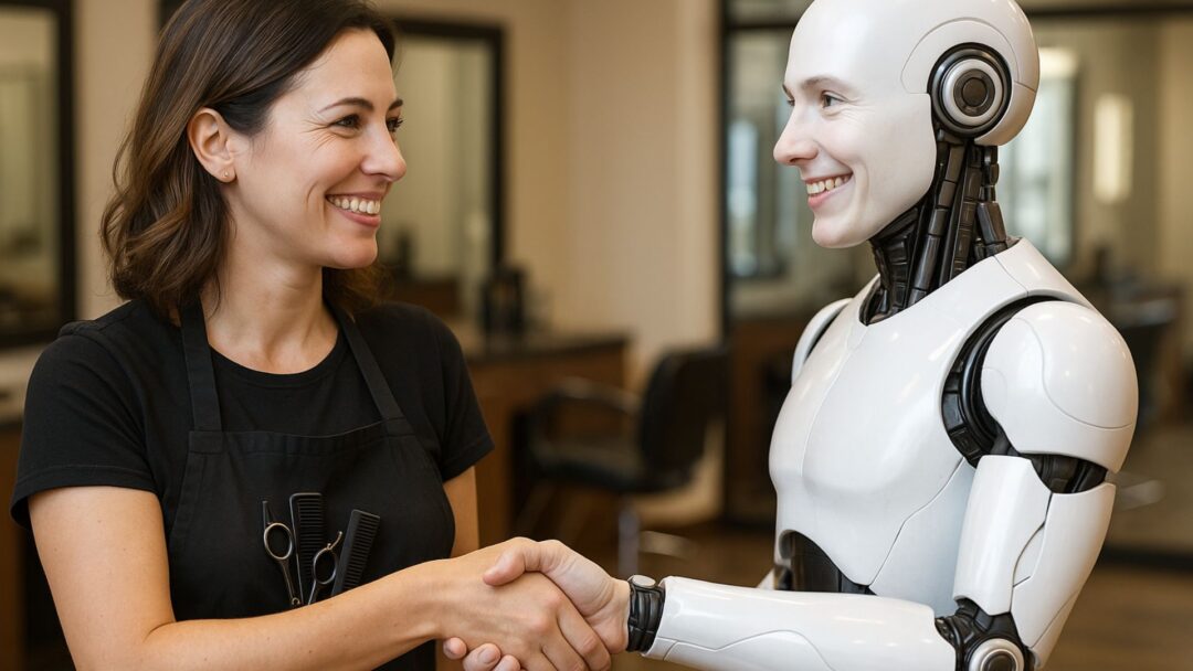 Parrucchiera e robot umanoide che si stringono la mano sorridendo all’interno di un salone, simbolo di collaborazione tra uomo e intelligenza artificiale