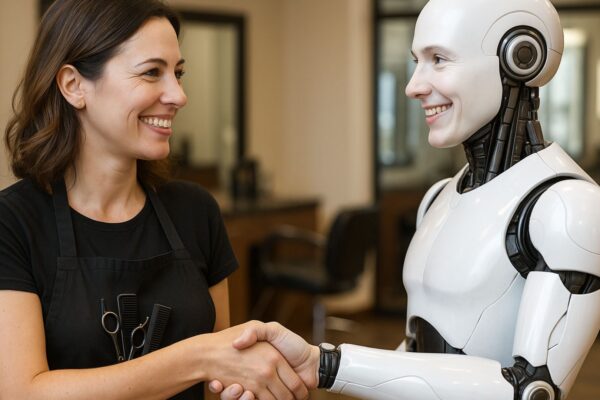 Parrucchiera e robot umanoide che si stringono la mano sorridendo all’interno di un salone, simbolo di collaborazione tra uomo e intelligenza artificiale