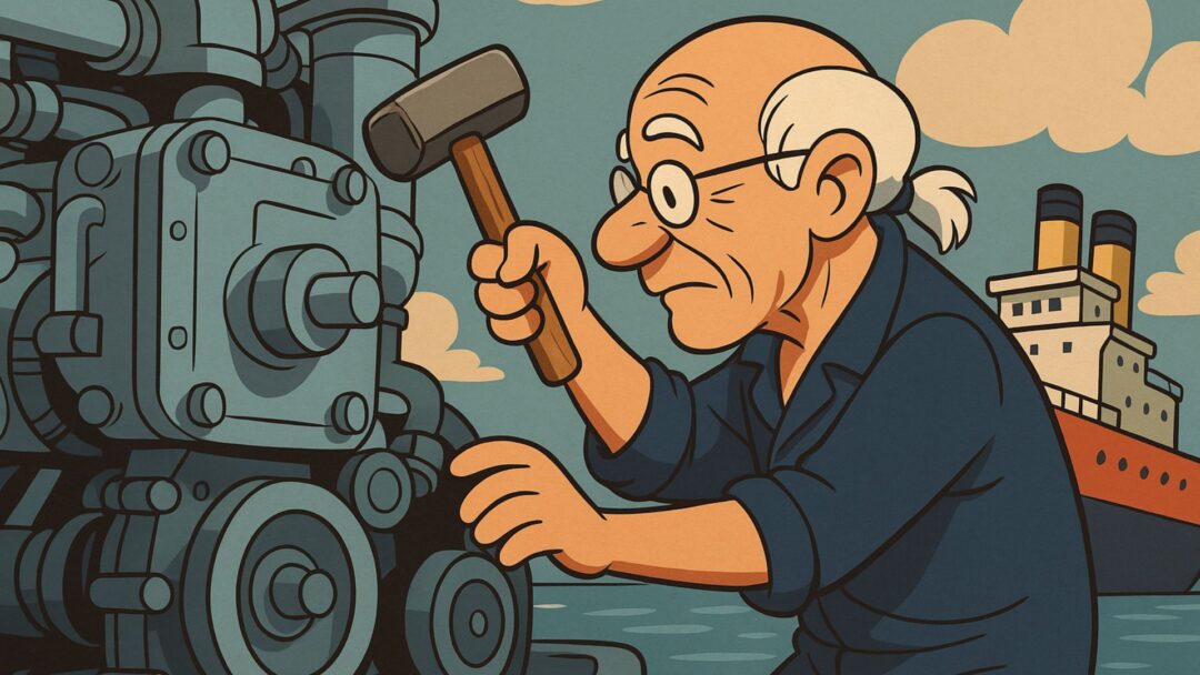 Meccanico in stile cartoon che ripara il motore di una nave con una martellata
