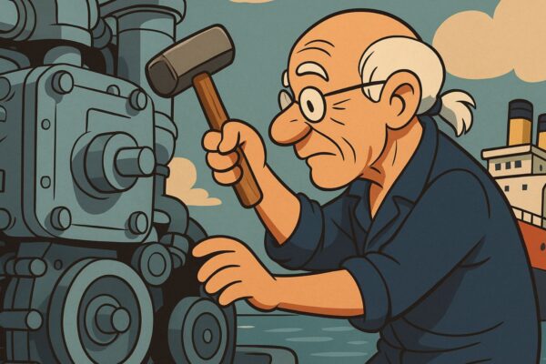 Meccanico in stile cartoon che ripara il motore di una nave con una martellata