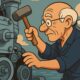 Meccanico in stile cartoon che ripara il motore di una nave con una martellata