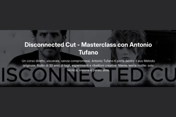 Antonio Tufano e modello di taglio con scritta Disconnected Cut per la nuova Masterclass su tecniche di taglio creativo.