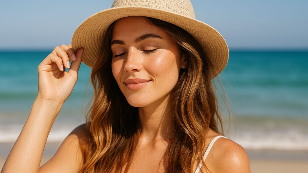 Donna con capelli luminosi e cappello in spiaggia, simbolo di protezione solare per i capelli in estate