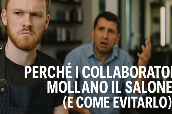 Parrucchiere giovane frustrato e titolare preoccupato in un salone, con la scritta “Perché i collaboratori mollano il salone (e come evitarlo)”.