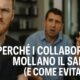 Parrucchiere giovane frustrato e titolare preoccupato in un salone, con la scritta “Perché i collaboratori mollano il salone (e come evitarlo)”.
