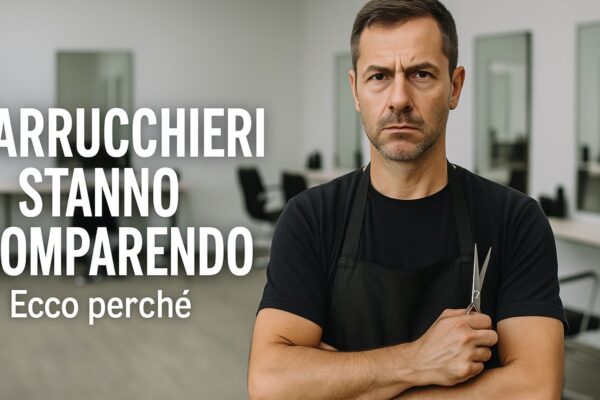 Parrucchiere con sguardo serio in un salone vuoto, con la scritta “I parrucchieri stanno scomparendo. Ecco perché”.