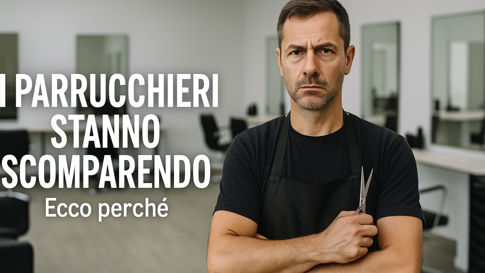 Parrucchiere con sguardo serio in un salone vuoto, con la scritta “I parrucchieri stanno scomparendo. Ecco perché”.
