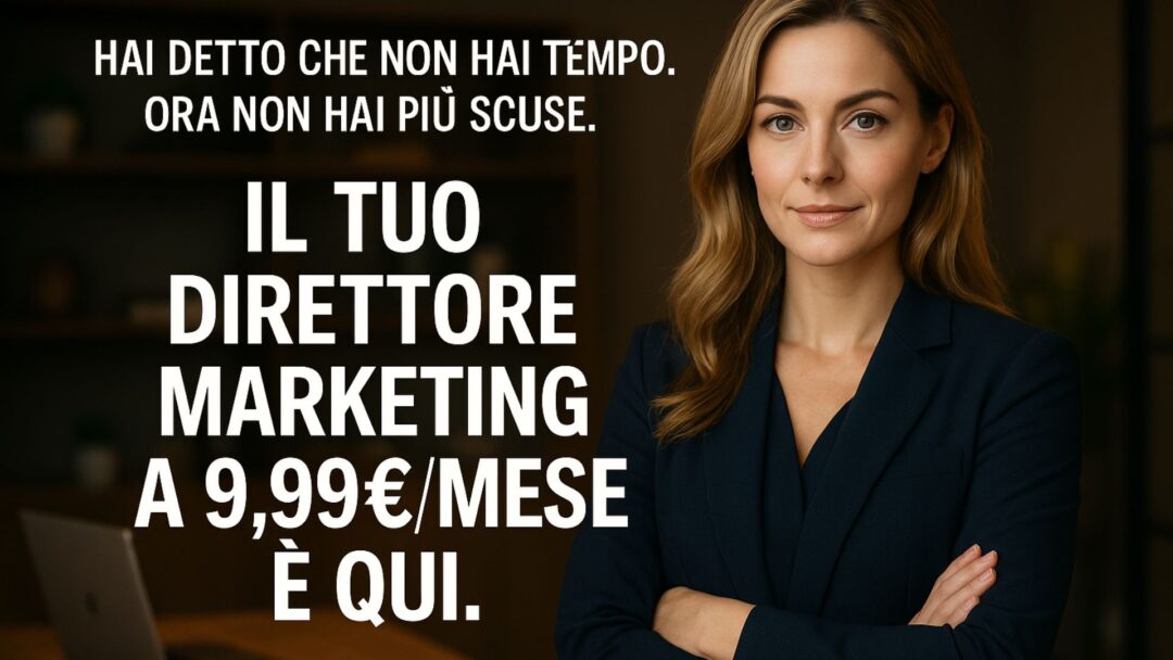 Donna professionale in ufficio accanto al testo “Il tuo direttore marketing a 9,99€/mese è qui”, promozione per parrucchieri su MdP h(AI)r