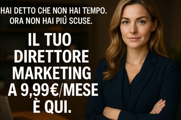 Donna professionale in ufficio accanto al testo “Il tuo direttore marketing a 9,99€/mese è qui”, promozione per parrucchieri su MdP h(AI)r