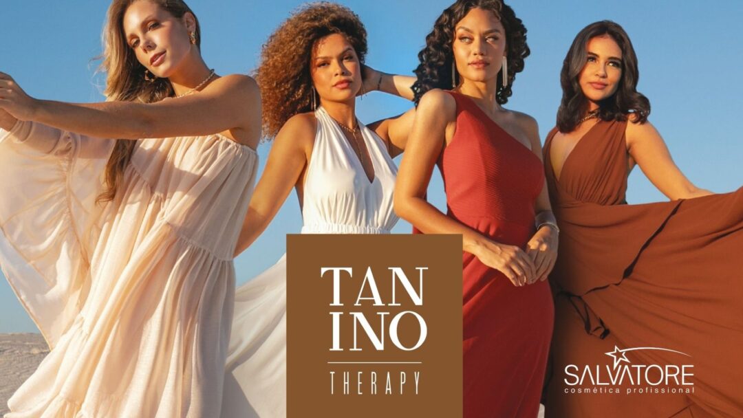 Quattro modelle con capelli lisci e ricci posano al tramonto indossando abiti eleganti, con il logo Tanino Therapy e Salvatore Cosmética Professionale.