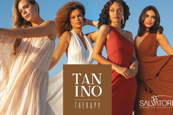 Quattro modelle con capelli lisci e ricci posano al tramonto indossando abiti eleganti, con il logo Tanino Therapy e Salvatore Cosmética Professionale.