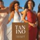 Quattro modelle con capelli lisci e ricci posano al tramonto indossando abiti eleganti, con il logo Tanino Therapy e Salvatore Cosmética Professionale.