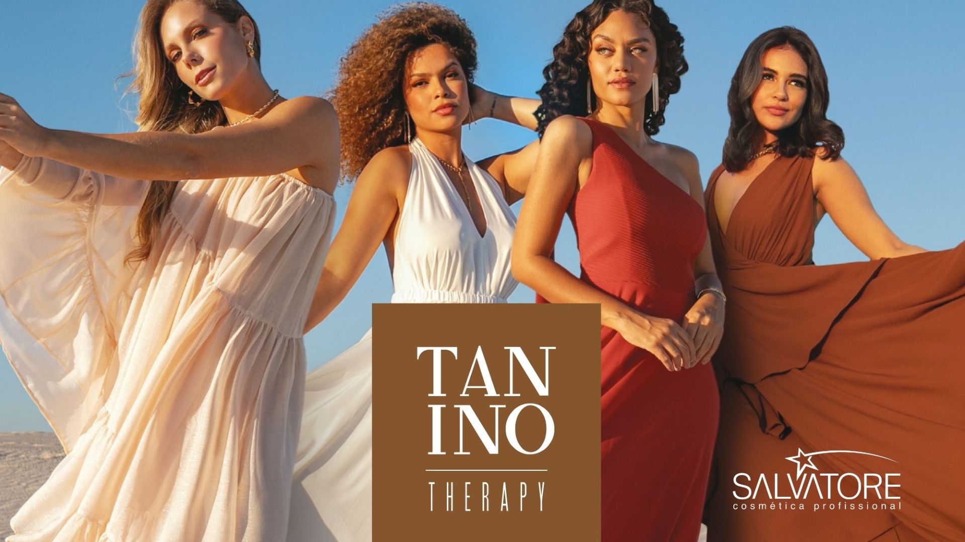 Quattro modelle con capelli lisci e ricci posano al tramonto indossando abiti eleganti, con il logo Tanino Therapy e Salvatore Cosmética Professionale.