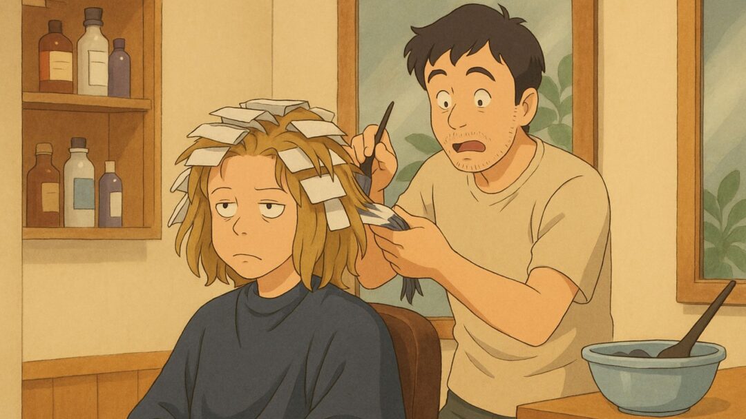 Parrucchiere spaesato mentre fa un balayage eterno a una cliente annoiata, in stile anime Studio Ghibli