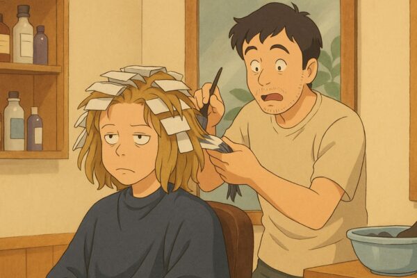 Parrucchiere spaesato mentre fa un balayage eterno a una cliente annoiata, in stile anime Studio Ghibli