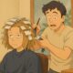 Parrucchiere spaesato mentre fa un balayage eterno a una cliente annoiata, in stile anime Studio Ghibli